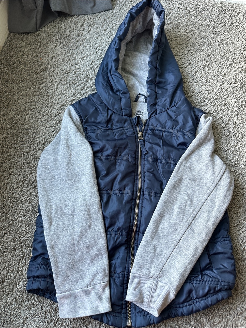 Falls Creek Navy Puffer Vest with Gray Hoodie Sleeves